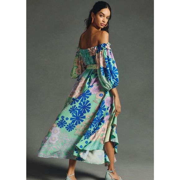 New ANTHROPOLOGIE Oopscool Off-the-Shoulder Printed Dress Sz Small - Picture 3 of 11